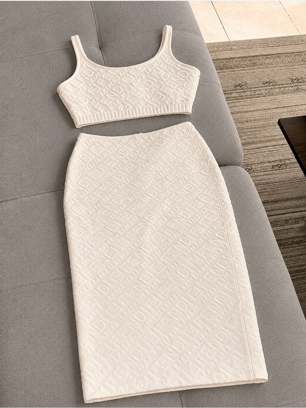 Fendi Set Cream Embossed Logo Pencil Skirt